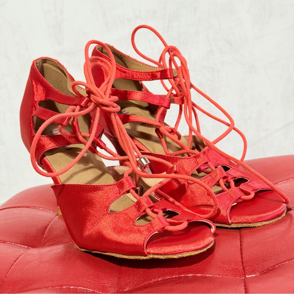 Burju Red Satin 3" Heels Open Toe Ballroom Dance Shoes Size 8.5